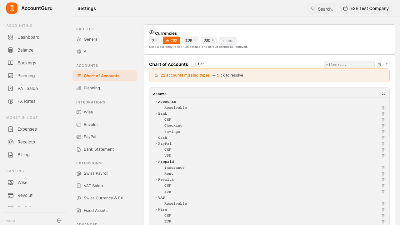 Chart of Accounts Settings